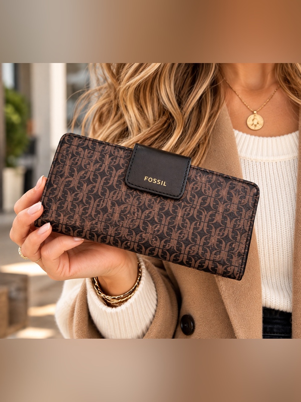 Fossil Madison Slim Clutch Wallet Black Brown Logo Geometric Print NWT